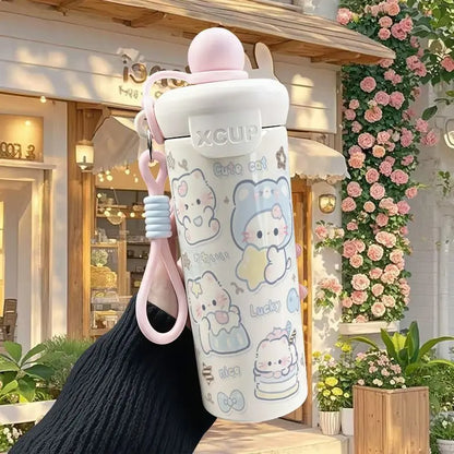 600ml Sanrio Hello Kitty Vacuum Thermos Cup SS316 Insulated Coffee Mug with Lifting Rope Portable Outdoor Drinking Water Kettle