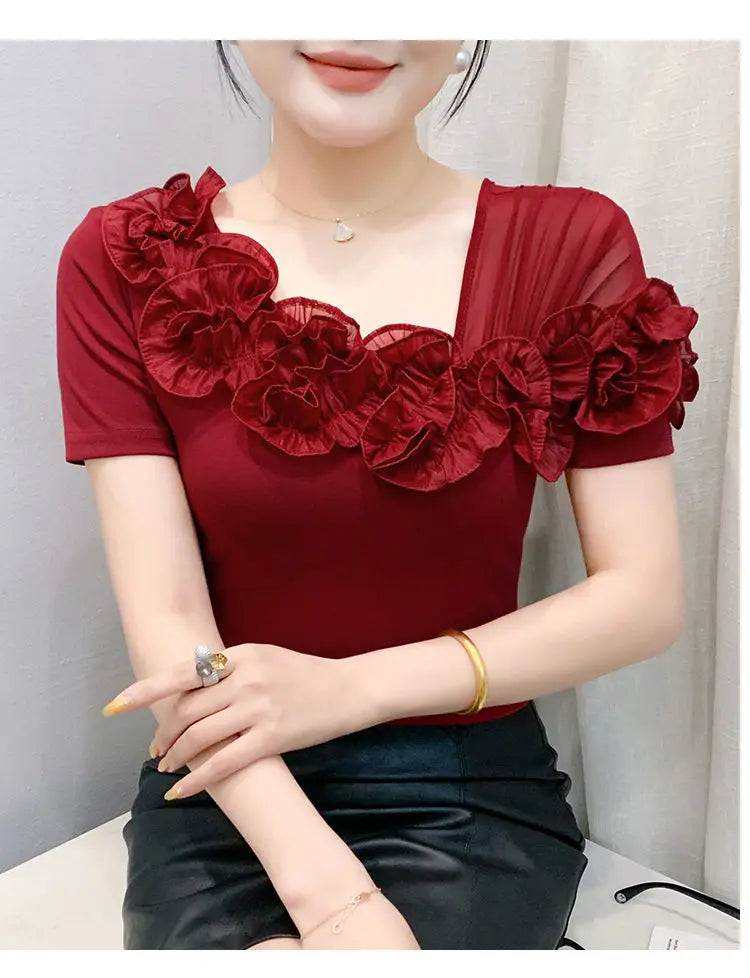 Faionable Floral Lace Ear ort Sve Slimming Me oulder Bared T-Shirt Women's Casual Sle Polyester Fabric Tee irt