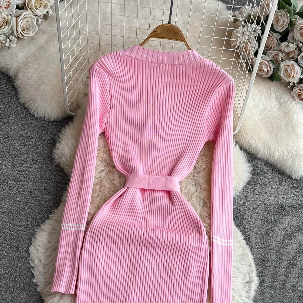 Women Dress 2025 Autumn Winter Elegant Rib Knit Long Pencil Dress with Belt Office Lady Bodycon Sweater Dress Vestidos