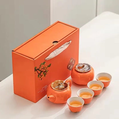 Chinese Travel Kung Fu Ceramic Tea Set 1 Teapot 4 Teacups Tea Ceremony Portable Persimmon Shape Teapot Exquisite Gift Box