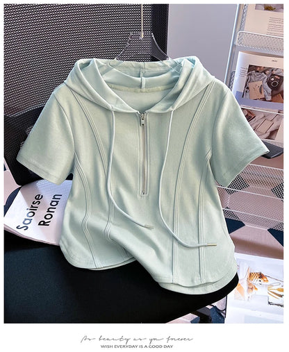 Summer New Women's Zipper Hoodie ort Sve T-irt Pure Cotton Slim Fit ort Fibone Top Korean Sle Commute Faion