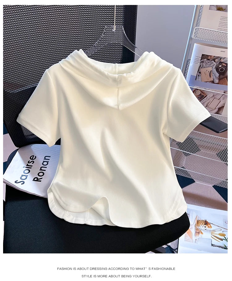 Summer New Women's Zipper Hoodie ort Sve T-irt Pure Cotton Slim Fit ort Fibone Top Korean Sle Commute Faion