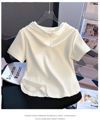 Summer New Women's Zipper Hoodie ort Sve T-irt Pure Cotton Slim Fit ort Fibone Top Korean Sle Commute Faion