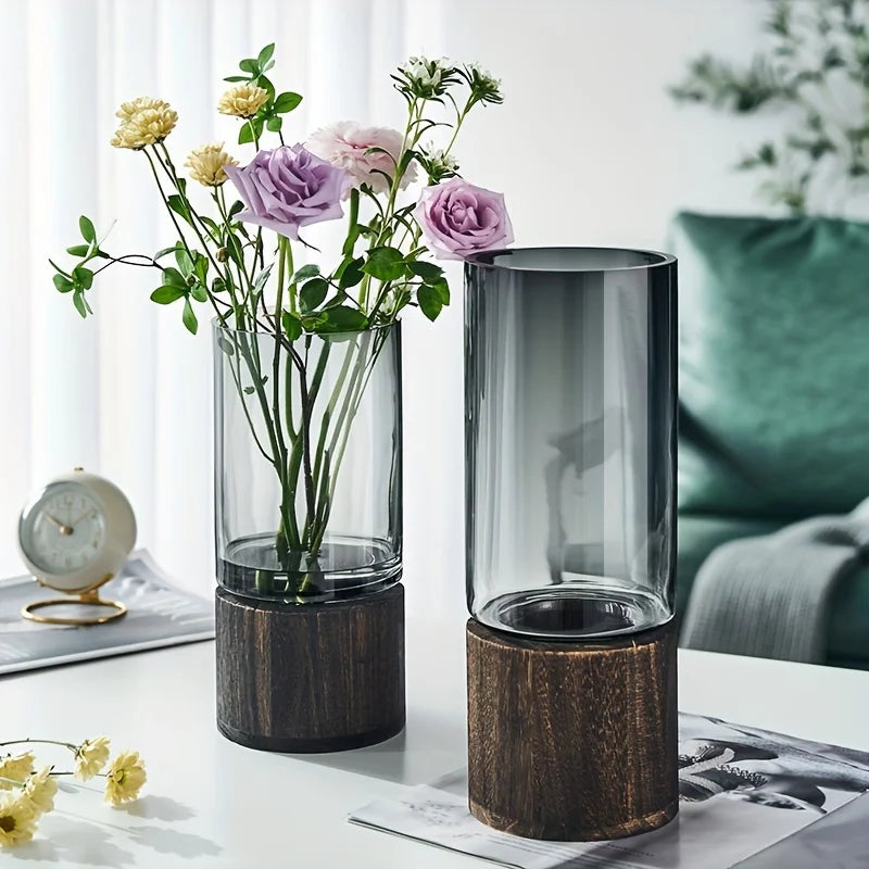 Elegant Glass Vase with Wooden Base for Hydroponic Plants,  Modern Tabletop Floral Arrangement Home Decoration (Available)