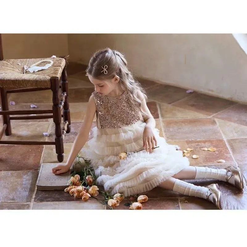 New Summer Party Dress for Kids Girls Sequined Sleeveless Mesh Cake Princess Dress Fashionable and Comfortable Skirt S4016
