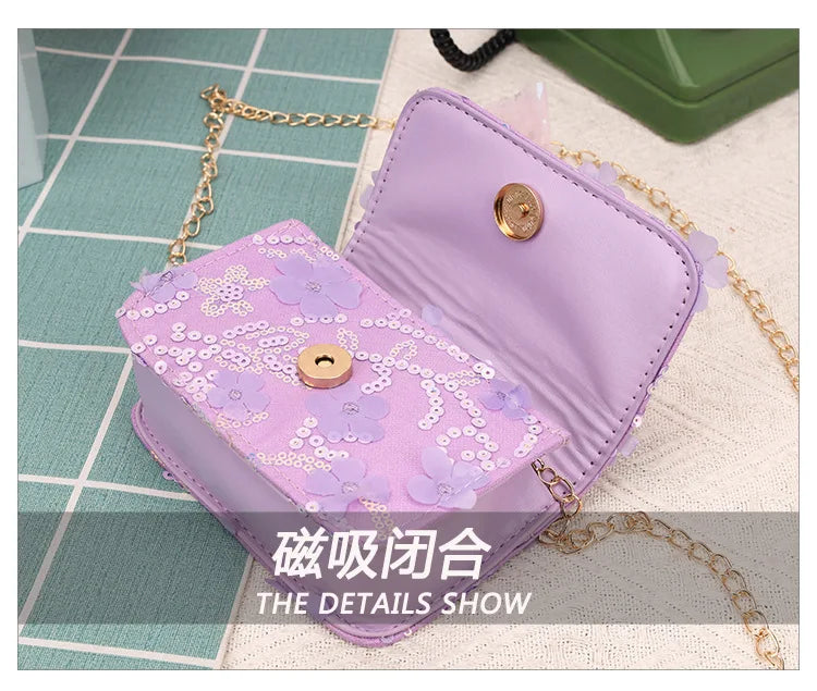 Cute Sequin Bow Kids Mini Square Shoulder Bags Versatile Children Chain Crossbody Bag Lace Girls Pearl Handbags Clutch Purse (Available)