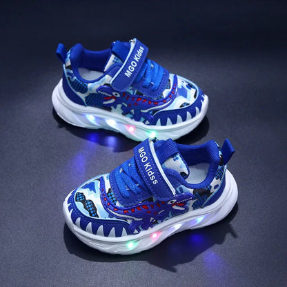 Spring New Children's Sports Shoes Cartoon Dinosaur Children's LED Light Shoes Soft Sole Boys' Causal Sneakers 2-6 Years Old
