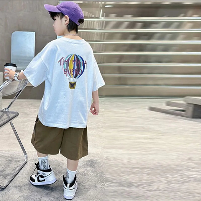 Clothing Sets Big Children Short-sleeved Top+Shorts Suits Teenager T-shirt Loose Sports 2Pcs Outfits