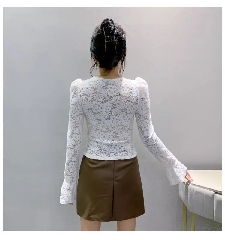 Spring Summer Lace T-shirt Slim Women V-neck Long Sleeve Shirt Button Irregular Short Tops Puff Sleeves Vintage Chic Design Tees
