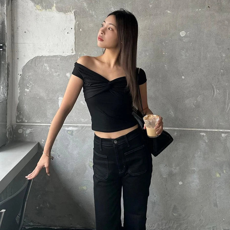 Faionable Pure Color Knot Fold over One oulder ort Crop Top T-irt Street Sle Slim Fit Polyester Summer New Arrival