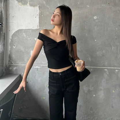 Faionable Pure Color Knot Fold over One oulder ort Crop Top T-irt Street Sle Slim Fit Polyester Summer New Arrival