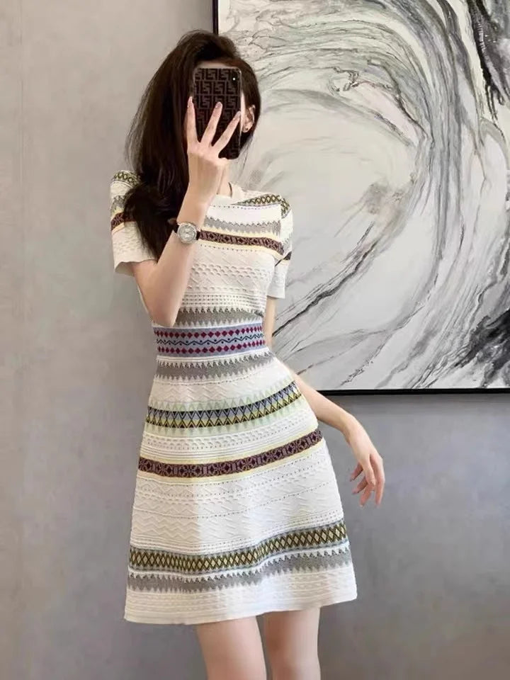 Women's Summer Knitted Dress 2025 Fashion Elegant Short Sleeve Striped Jacquard Dress W445