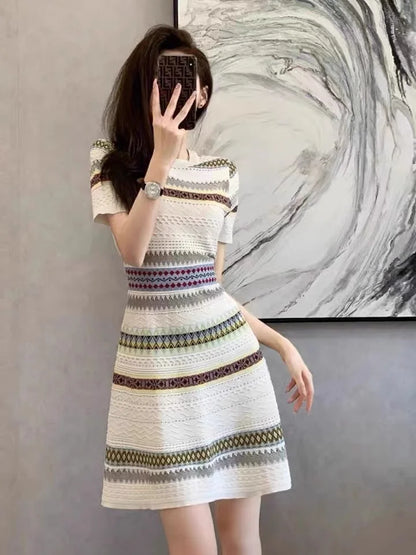 Women's Summer Knitted Dress 2025 Fashion Elegant Short Sleeve Striped Jacquard Dress W445