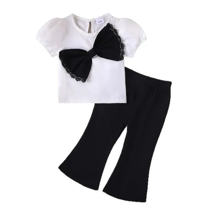Europe  United States summer girl suit new temperament girl suit  child bubble sleeve short sleeve + micro pants two-piece set