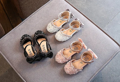 2023 Crystal Bow Single Shoes Summer Girls Fashion Princess Soft Shoes Children Pu Leather Flat Baby Rhinestone Sandals A986