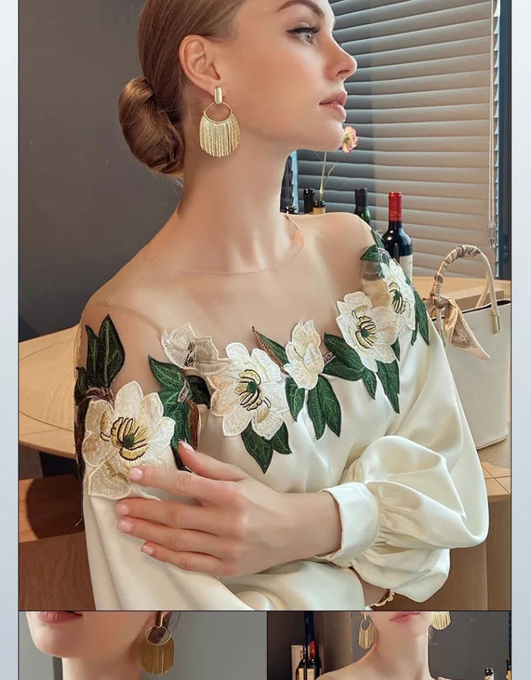 Embroidered Heavy Work Satin Patchwork irt Women's Sle Spring New Arrival Long Sve round Ne Fly Sve Lace Top