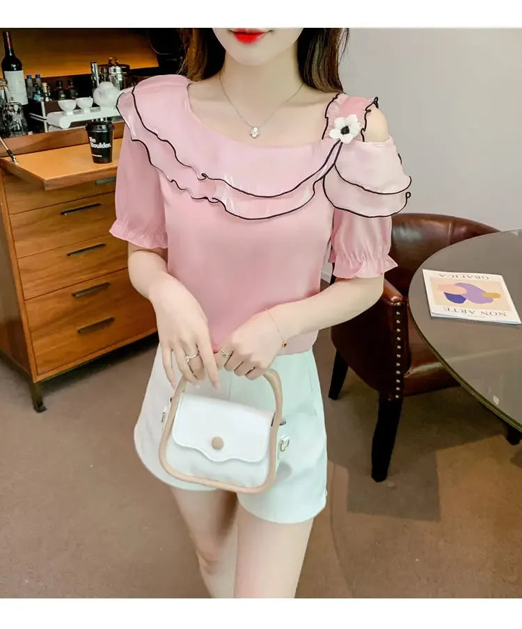 Sweet Slash Neck Off Shoulder Ruffles Blouses Female Clothing 2025 Summer New Loose Solid Color Korean Tops Puff Sleeve Shirts