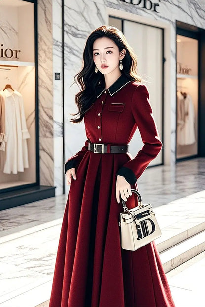 French Wine Red Dress Women's Late Dresses Spring Autumn 2025 New Super Good-Looking Official Occasion Waisted Chic Long Dress