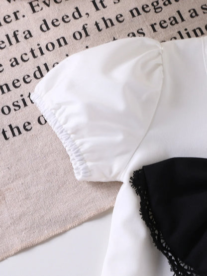 Europe  United States summer girl suit new temperament girl suit  child bubble sleeve short sleeve + micro pants two-piece set