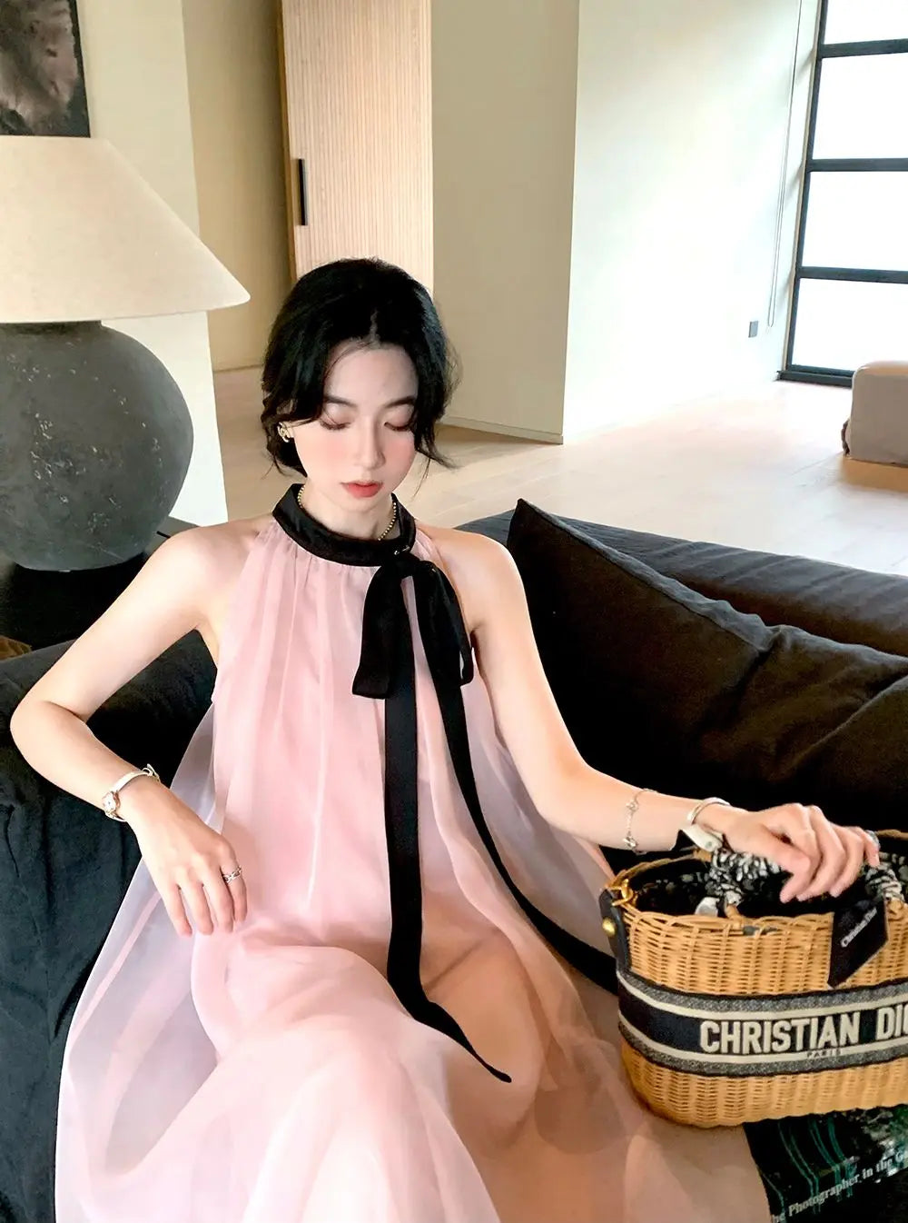 Women's Pink Halter Neck Maxi Dress With Black Bow Detail Sheer Chiffon Flowy Resort Party Dress
