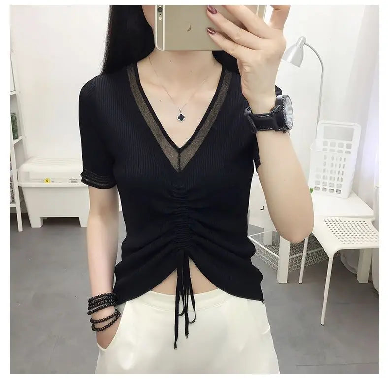 Ice Silk Short Sleeve T-shirt for Women in Summer New Thin V Neck Drawstring Solid Color Casual Tops Fashion Office Clothing