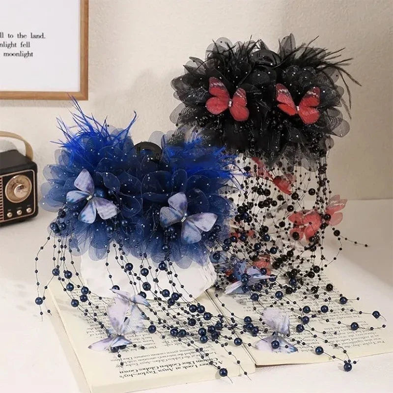 Fashion Fairy Butterfly Feather Tassel Hair Claw Shark Clips Temperament Mesh Flower Claw Clip Women Headwear Hair Accessories