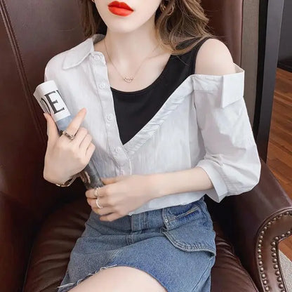 Sexy oulder Bared Fake Two-Piece irt Women's Summer New Faion Small Design ort Sve Top Korean Sle Loose Fit