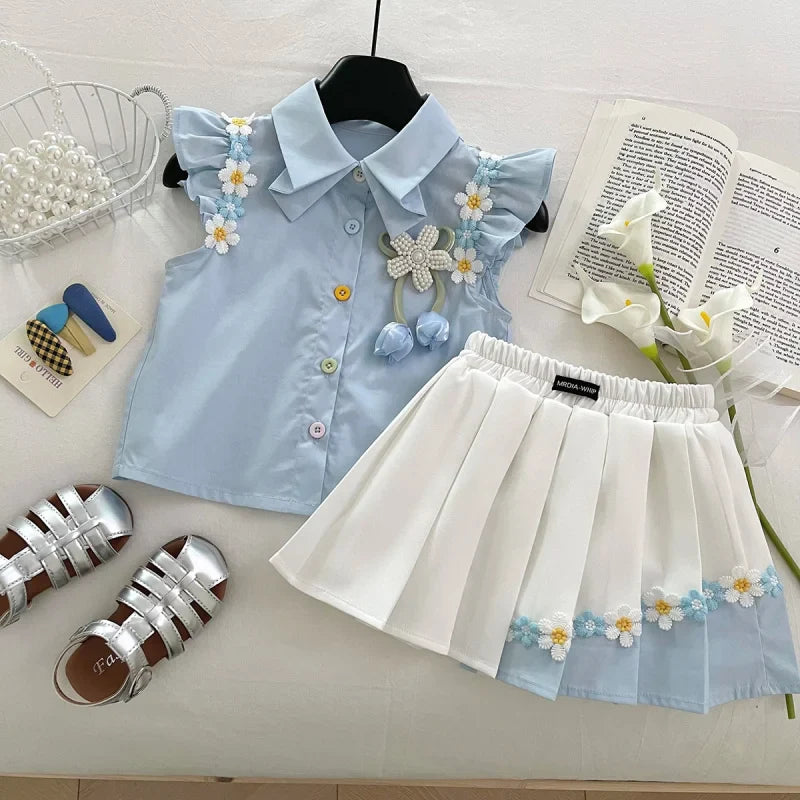 Summer New Baby Floral Short Sleeve Puff Sleeve Top Elastic Waist Pleated Skirt Girls' Set17401 (Available)