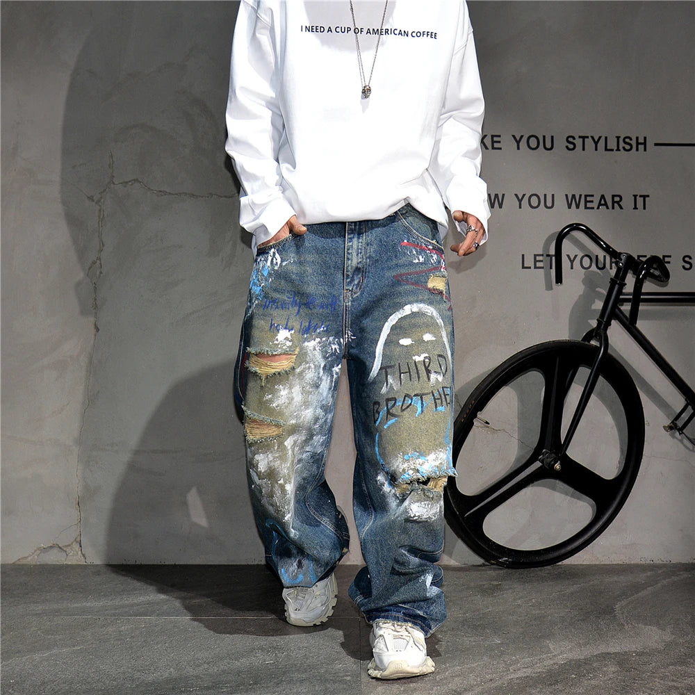 High End Men'S Clothing Hip Hop Graffiti Baggy Jeans For Men Streetwear Skateboard Ripped Jeans Korean Trendy Denim Trousers  ( Available )