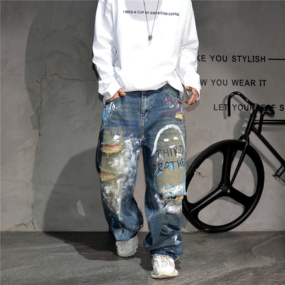 High End Men'S Clothing Hip Hop Graffiti Baggy Jeans For Men Streetwear Skateboard Ripped Jeans Korean Trendy Denim Trousers  ( Available )