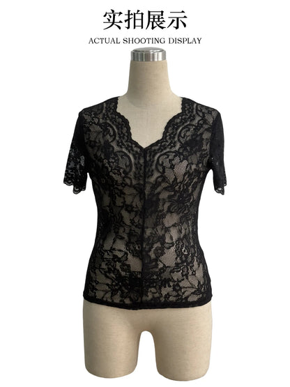 2025 New Arrival Elegant Fan-Shaped V-Neck Solid Color Lace Sexy T-Shirt Slim-Fit Slimming Top for Women Clothing Tops Tees Hot