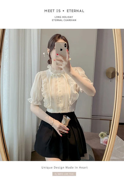 New Chinese Button French Ruffled Lace Gentle Chiffon Shirt 2025 Summer Fashion Temperament New Design Small Shirt Stylish Top