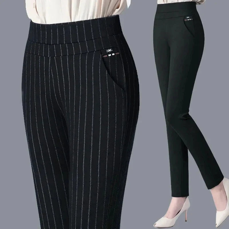 Autumn Winter Casual Elegant Office Slimming Solid Color Fleecing Thick Thin Women's Pants Elastic Waist Tight Pencil Pants (Available)