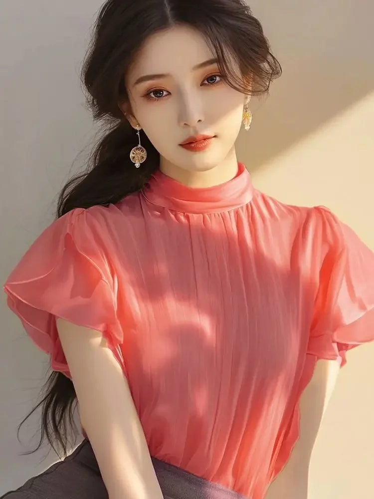 Short-sleeved Top for Women in Summer Fashionable Shirt French Style Unique and Beautiful Age-reducing Mint Green Chiffon Shirt