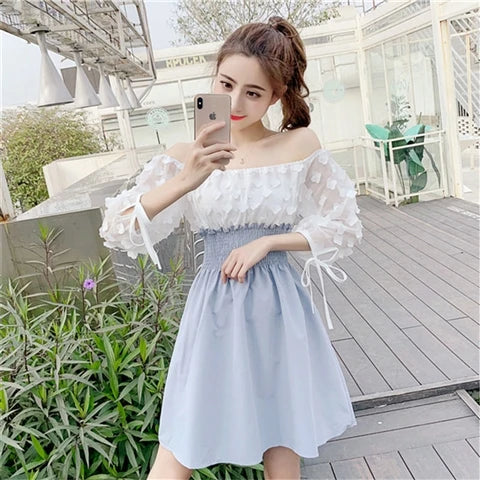 Women Summer French Style Elastic Waist Dress Korean Edition New Splicing Design Slim Half Sleeve Fairy Knee-length Dresses