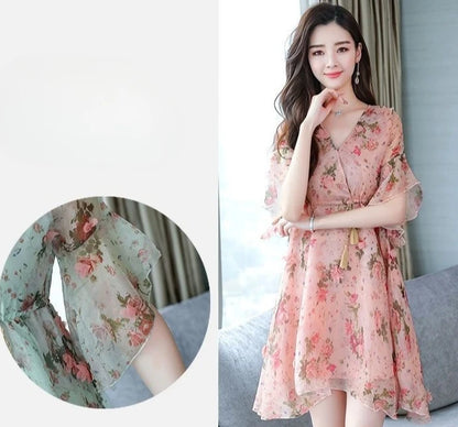 Chiffon Floral V-neck Ruffle Woman Dress Promotion Elegant and Pretty Korean Style Fashion Summer 2025 Chic Dresses for Women
