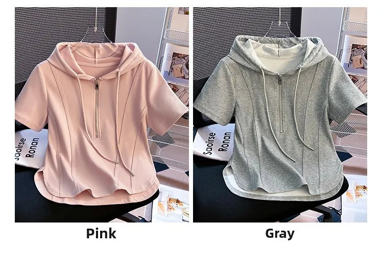 Summer New Women's Zipper Hoodie ort Sve T-irt Pure Cotton Slim Fit ort Fibone Top Korean Sle Commute Faion