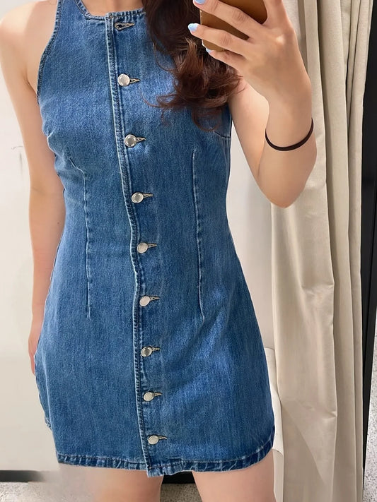 Vintage Denim Midi Dress Fashion Single Breasted Women Dress Round Neck Sleeveless Casual Women Party Short Dress Summer 2025