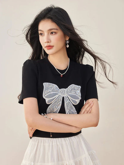 Summer New Sweet Short Sleeved T-shirt Women Fashion Bow Tops Harajuku Casual Simple T-shirt Y2k Top