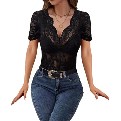 2025 New Arrival Elegant Fan-Shaped V-Neck Solid Color Lace Sexy T-Shirt Slim-Fit Slimming Top for Women Clothing Tops Tees Hot