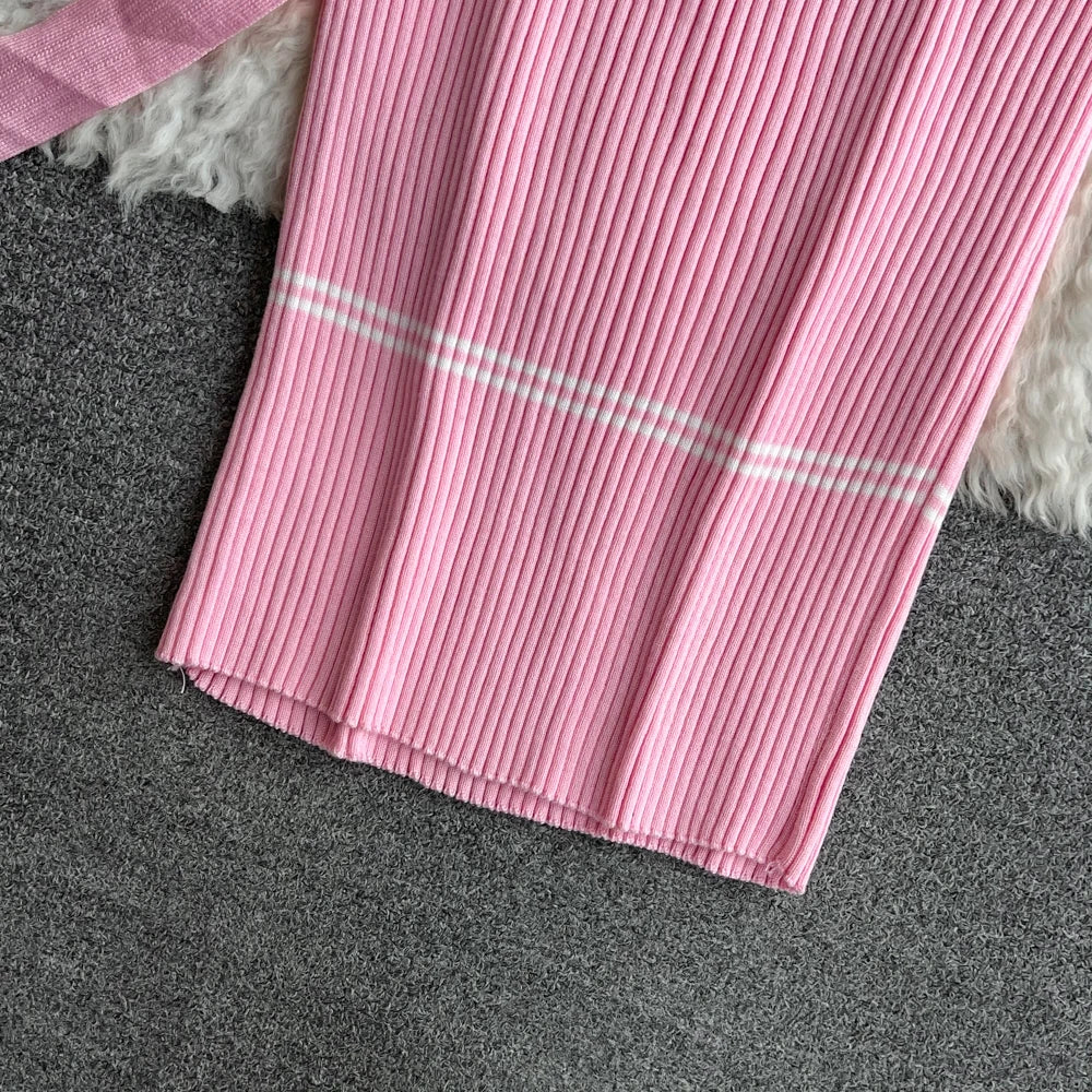 Women Dress 2025 Autumn Winter Elegant Rib Knit Long Pencil Dress with Belt Office Lady Bodycon Sweater Dress Vestidos