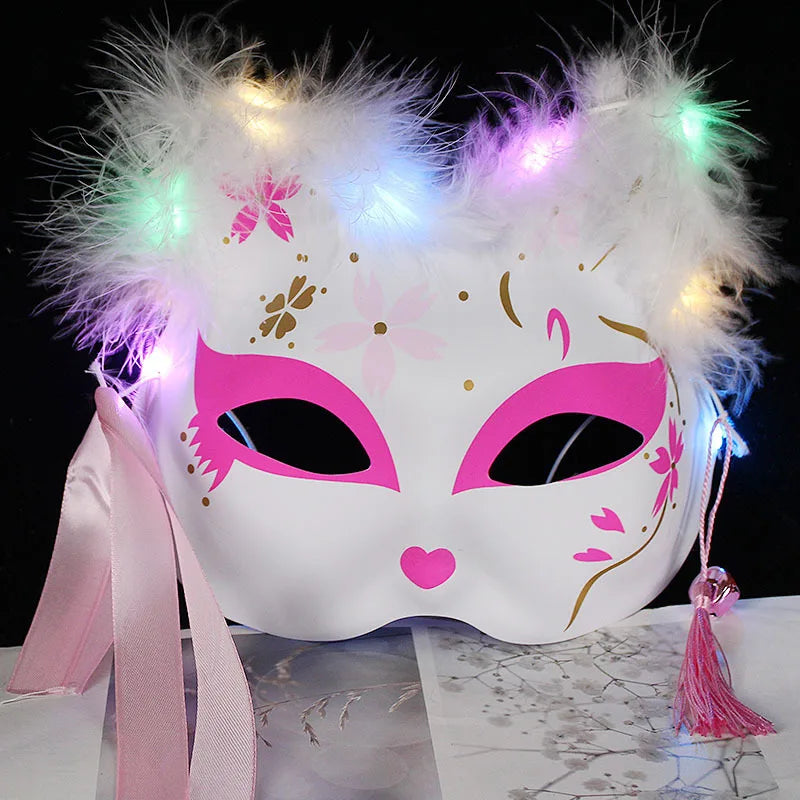 Luminous Feather Fox Mask Half Face Cat Anime Fox Mask Children Luminous Mask Eye Mask Makeup Party Role Play Props