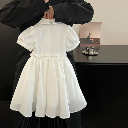 Girls’ Floral Summer Party Dress – White Puff Sleeve Dress with Floral Print Lightweight Cotton Blend for Ages 2–7 Girls Clothes