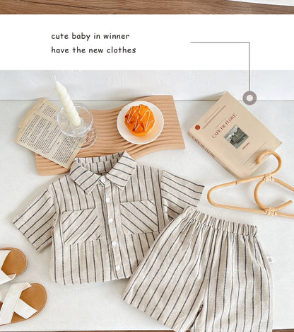 Set Children Unisex Summer New Style Cotton Stripe Pocket Shirt Polo Collar Shourts Fashion Casual Brief Versatile Korean