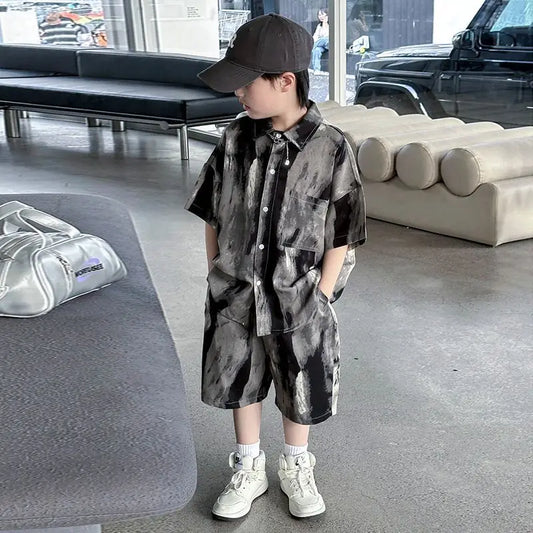 Boys Fashion Summer Tye-die Short Sleeve Shirts+Pants 2pcs Suits Years Kids Trend Streetwear Oufits Sets Children Clothing