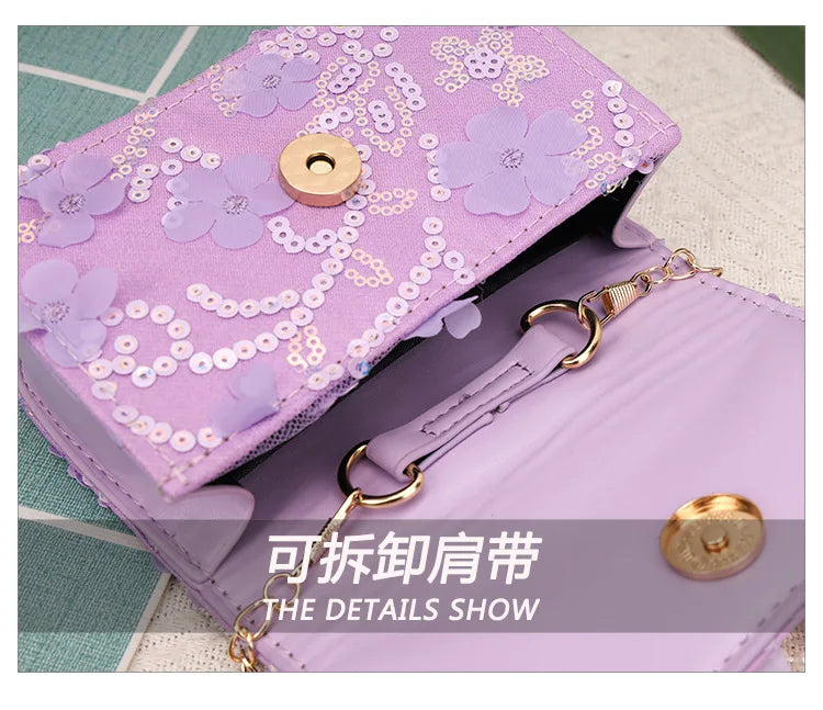 Cute Sequin Bow Kids Mini Square Shoulder Bags Versatile Children Chain Crossbody Bag Lace Girls Pearl Handbags Clutch Purse (Available)