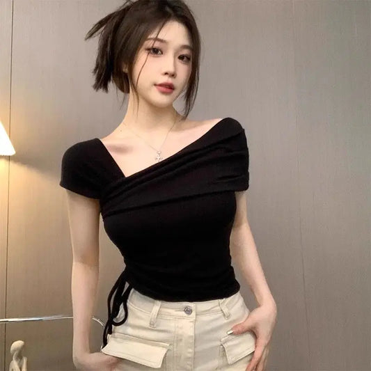 Skew Collar T-shirts Women Temperament Summer Sexy Lady Fashion Solid High Street Short Sleeve Hotsweet Club Slim Feminine Tees
