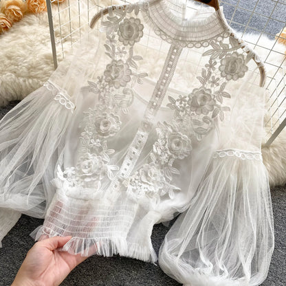 Lace Puff Long Sleeve Blouse Vintage Fashion Blouses Elegant Femme Blusas Korean Woman Tops Women Shirts Clothing Dropshipping