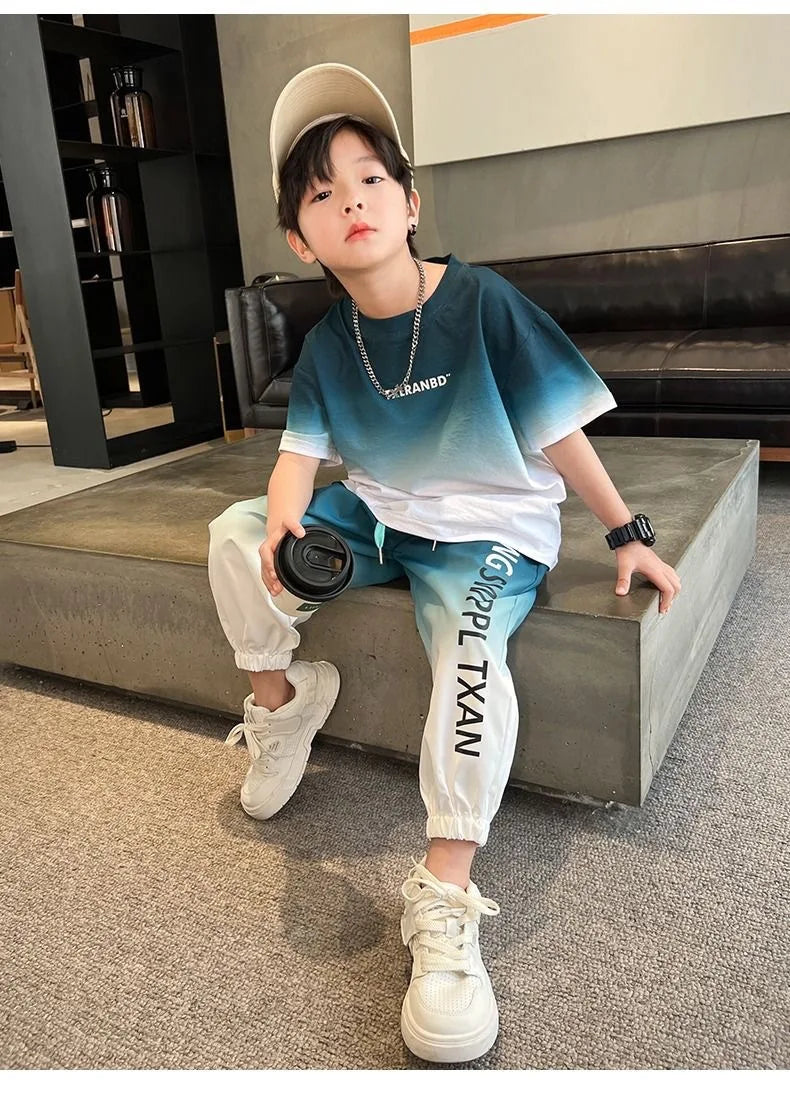Summer teenager Boys Sports Suit Letter T Shirt + hip hop shorts Pants Kids Clothes Tracksuit 4 5 6 7 8 9 10 11 12 Years