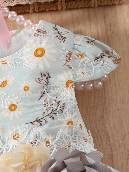 Summer girl's floral chiffon printed embroidered casual half-sleeve cute lady's fashion romantic lace dress.